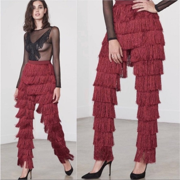 Lavish Alice Fringe Pants XS UK burgundy high waisted - Picture 3 of 10